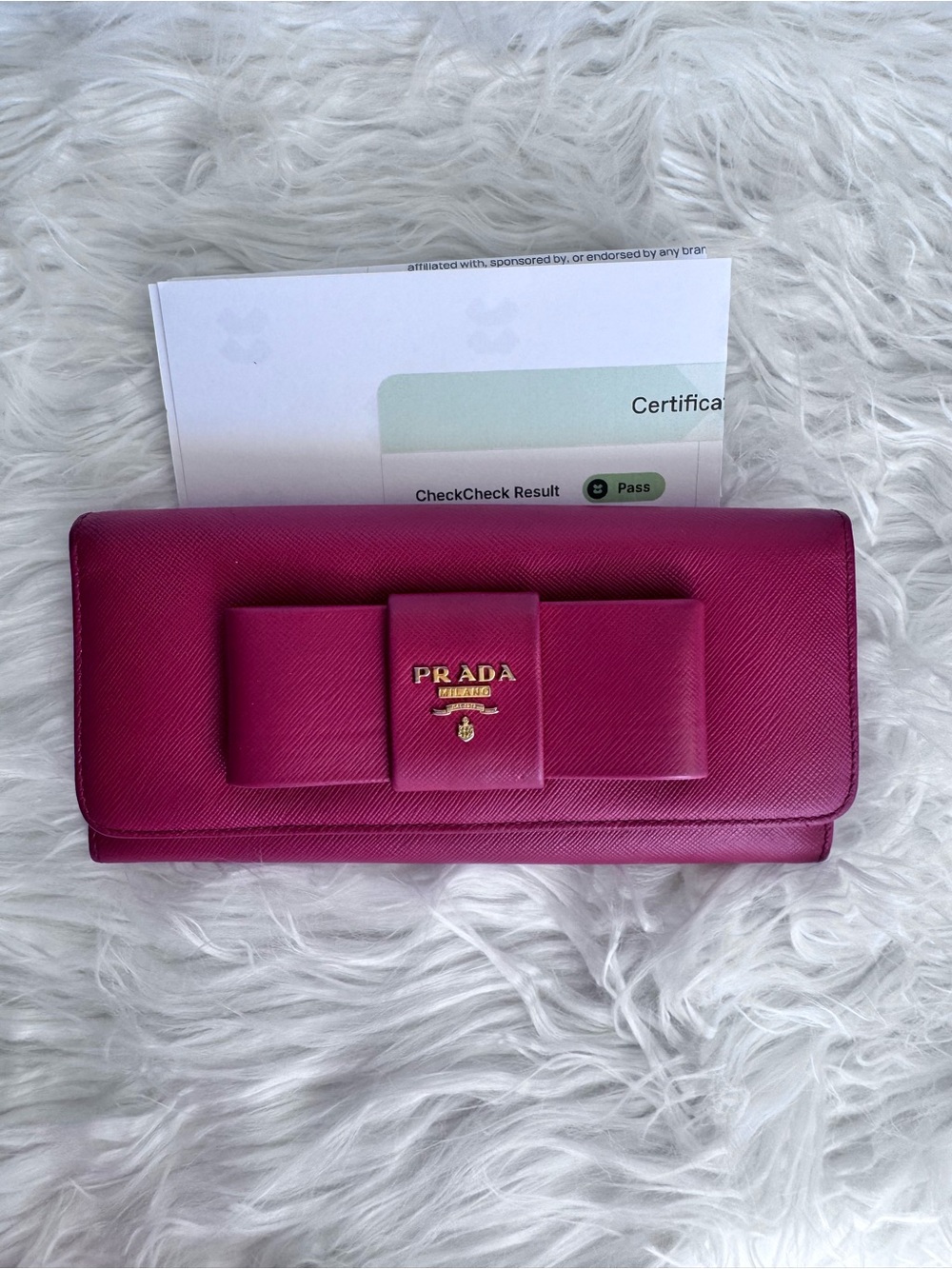 Prada Bow-Accent Saffiano Leather Continental Wallet in Fuchsia